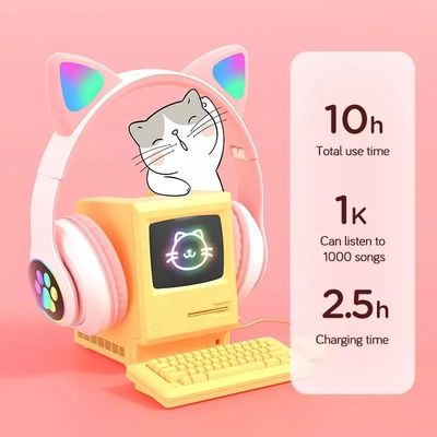 검은 블루투스 고양이 헤드폰, 폴드형 무선 전신 블루투스 헤드폰
